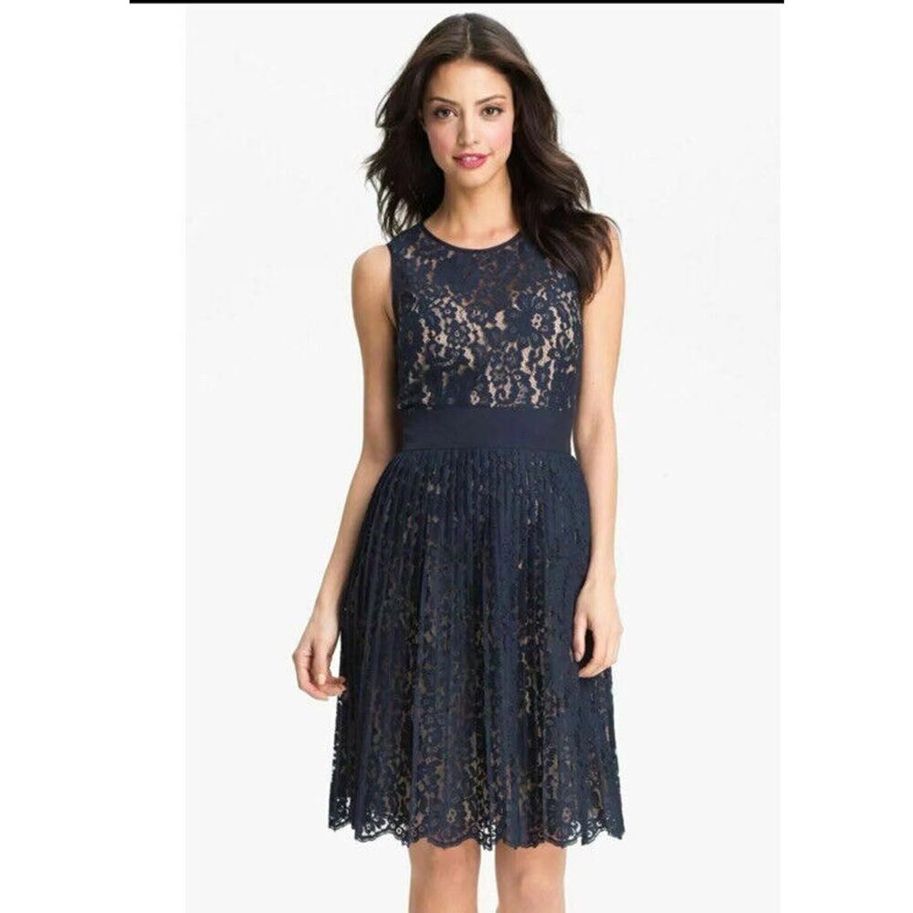 Eliza J Dress Size 8 Navy Blue Lace Pleated Dress Coquette City Wedding Lacemade